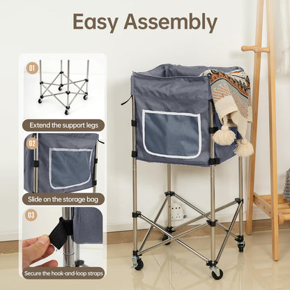 TAIALPHAYI 35.9" Tall Laundry Cart with Wheels, No-Bend Rolling Laundry Basket, Stable Stainless Steel Frame, Collapsible Laundry Hamper for Bathroom, Dorm & Bedroom, 600D Washable Bag – Grey