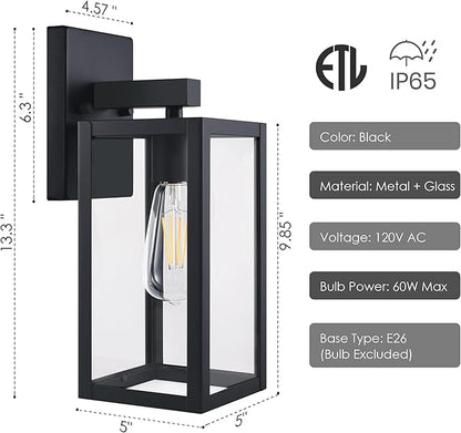 GRUENLICH Waterproof Large Outdoor Wall Lanterns, Modern Black Porch Sconces with Clear Glass Shade, E26 Socket Max 60W, IP65 Rated, Metal Frame, for Patio, Front Door, Entryway, 2-Pack