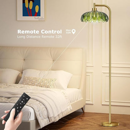 Glass Floor Lamp for Living Room,Bedroom,Gold Mid Century Modern Standing Lamp with Remote Dimmable,Boho Brass Tall Lamp Vintage Retro Green Arc Floor Lamps Flower Floor Light Bohemian