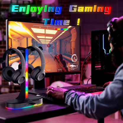 ALACOO RGB Headphone Stand - Dual Gaming Headset Holder with 3 USB Charging Station and 3.5mm Audio Port,8 Light Modes, Suitable for Gaming, Wireless Earphone Display, Gamer Gifts for Men (Black)