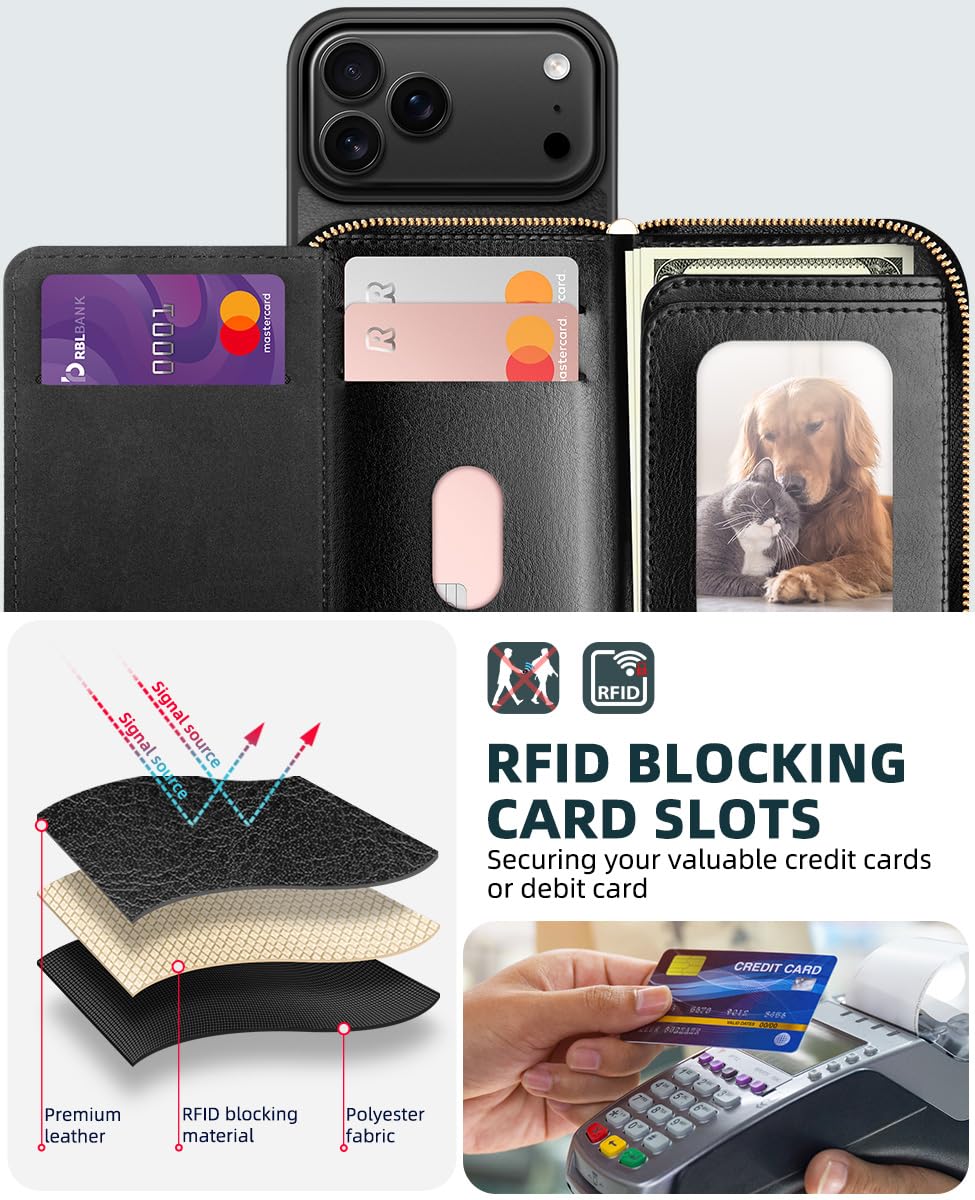 OCASE Compatible with iPhone 17 Pro Max Crossbody Wallet Case with Card Holder, PU Leather Zipper Handbag Phone Purse with RFID Blocking Kickstand Wrist Strap Lanyard 6.9 Inch, Black