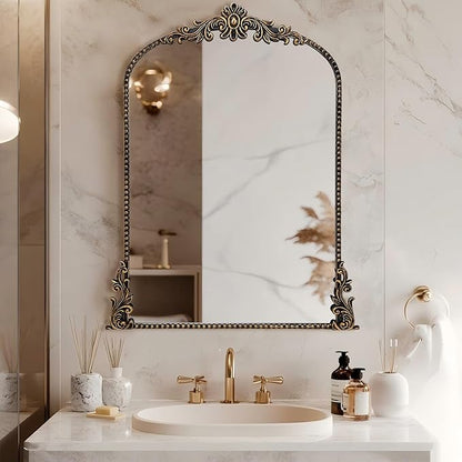 Growsun Vintage Black Arched Mirror, 24’’x36’’ Antique Baroque Ornate Wall Mirror Decor with Full Metal Frame for Fireplace/Entryway/Living Room/Bathroom