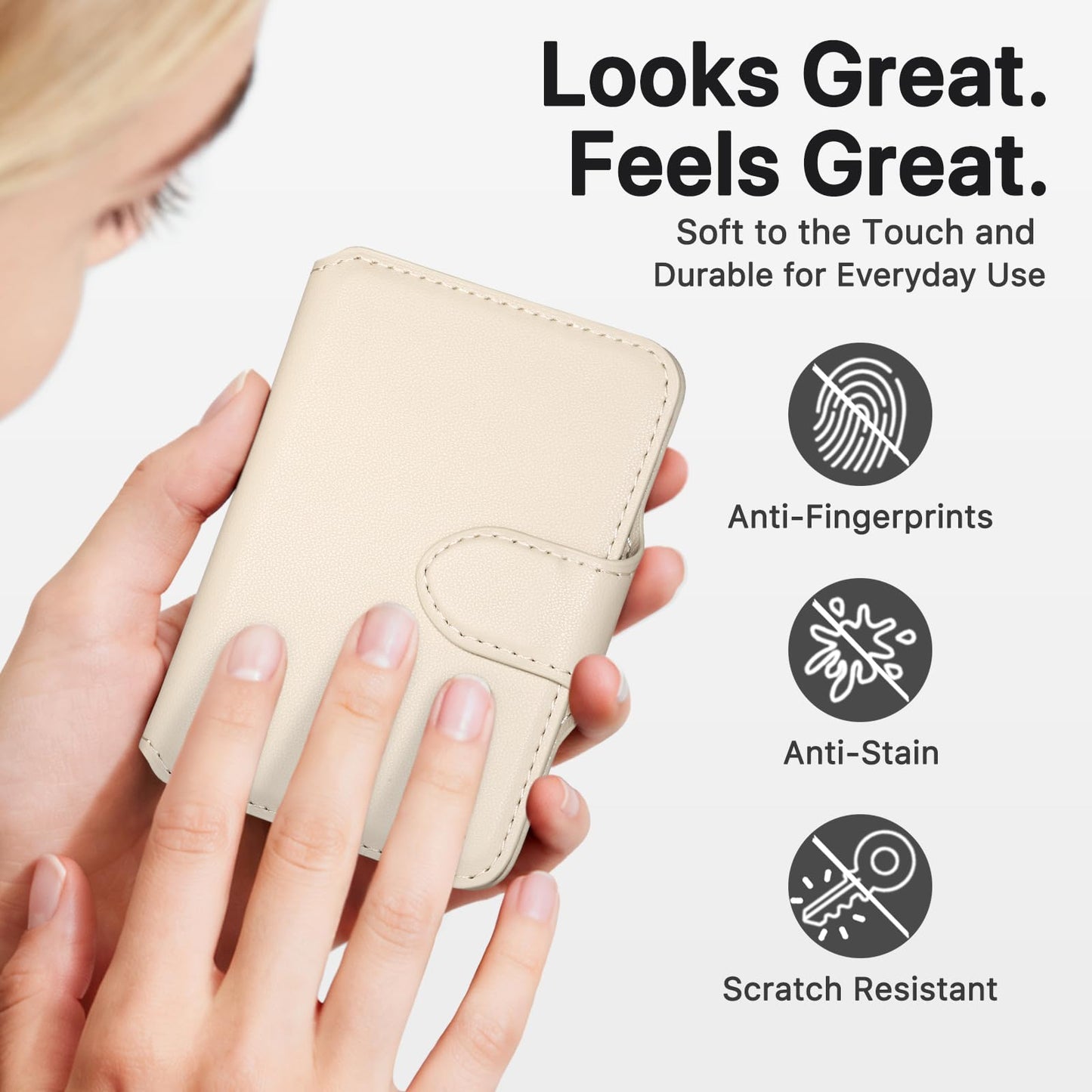 MEFON for MagSafe Wallet, Magnetic Phone Wallet RFID Blocking, Slim 5-8 Card Holder with Cash Slot & Clear ID Window, Minimalist Mag Safe Wallets for iPhone 17/16/15/14/13/12 Series, Oatmeal Beige