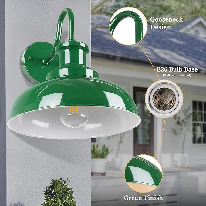 Outdoor Gooseneck Barn Light, Rustic Exterior Wall Mount Light, Farmhouse Vintage Wall Lighting Fixture, Industrial Green Porch Lantern, RZ007 GR+WH