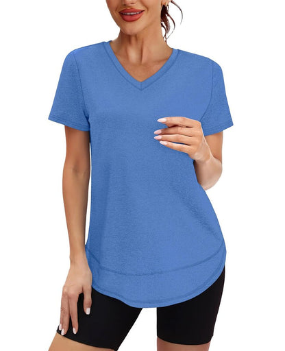 Short Sleeve Shirts for Women Workout Yoga Tops Sun Protection Clothing Summer Outfits Rash Guard Side Slit V Neck Blue XL