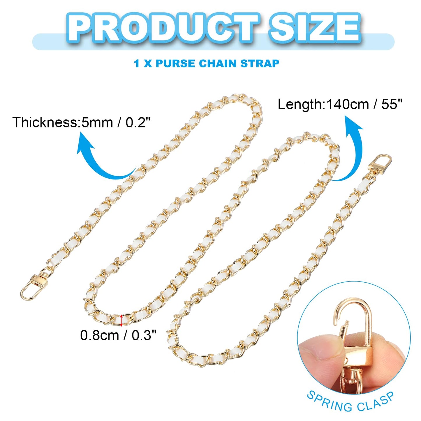 PATIKIL Leather Purse Handle Strap, 55 Inch Purse Chain Strap Replacement DIY Flat Chain Strap with Metal Buckle for Handbag Crossbody Shoulder Bag, White