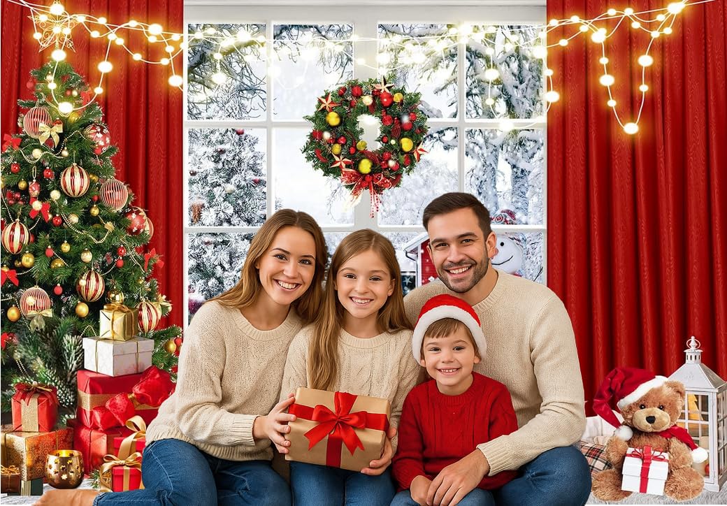 Christmas Window Backdrop 8x6ft Red Curtain Photography Backdrop Winter Xmas Party Banner Decorations Background Xmas Holiday Party Photo Booth D649