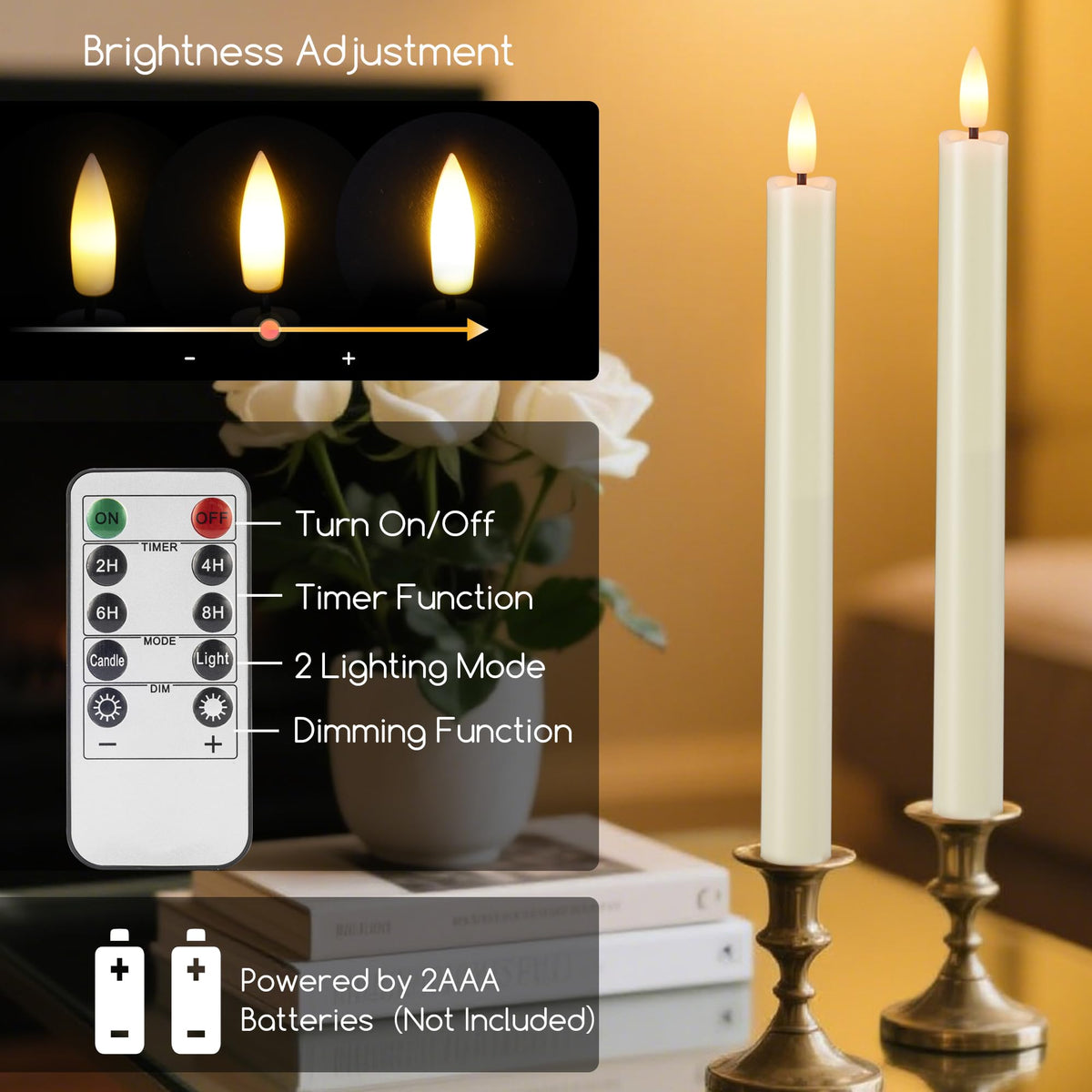 SEHNSY 12 Ivory LED Flameless Taper Candles with Remote Control, Timer & Flickering Flame, 10.1" Plastic Battery Operated Candlesticks for Holiday Party, Xmas, and Home Decor