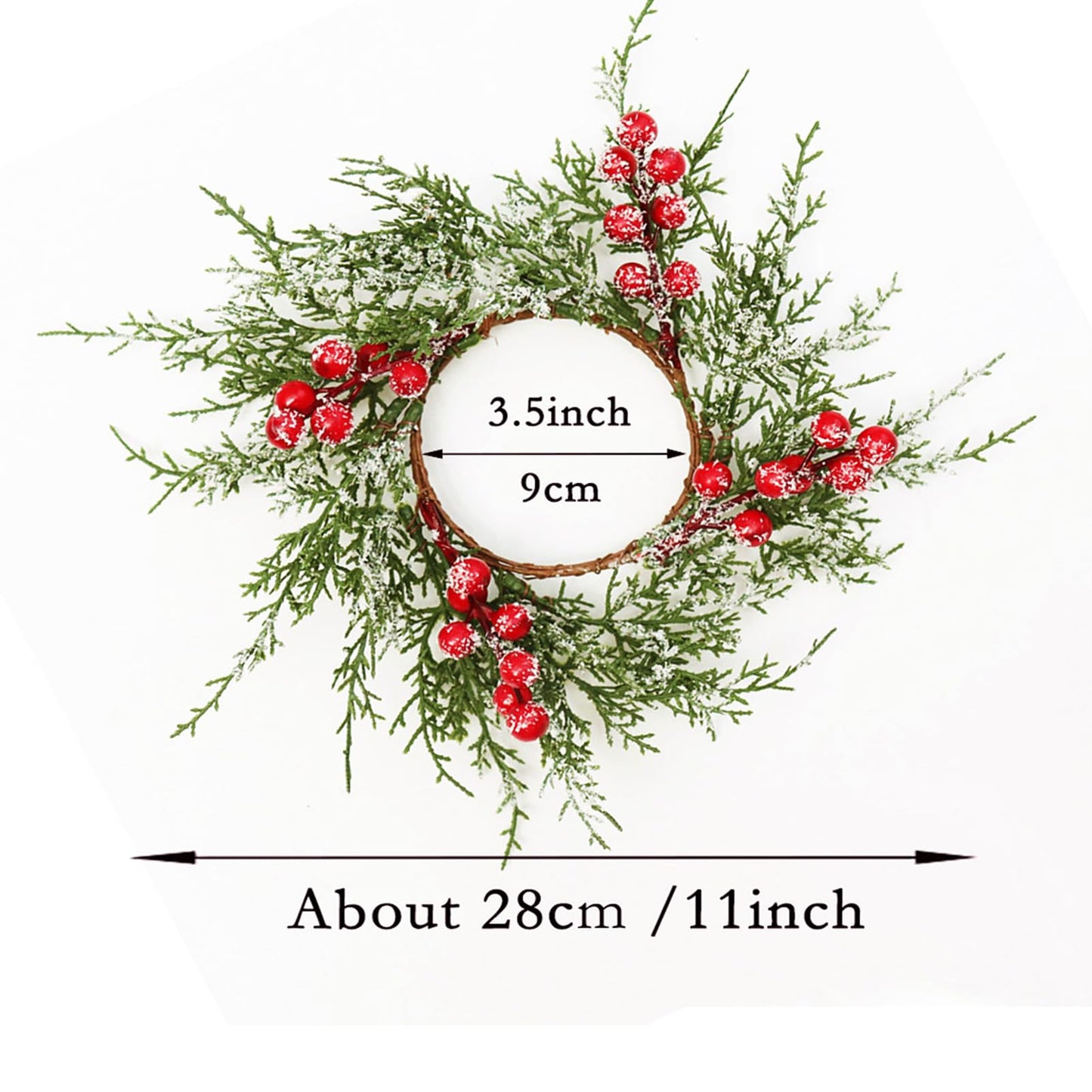 Small Christmas Wreath Candle Rings Artificial Cedar Cypress Wreaths with Red Berries, Candle Holders for Holiday Table Centerpiece Decor (Candle Rings 04)