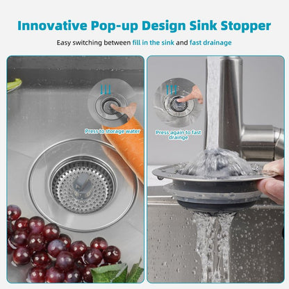 Hibbent 2 Pack 3 in 1 Kitchen Sink Drain Strainer, Stainless Steel Wrapped Shell Drain Stopper Combo, Pop Up Sink Stopper, Anti-Clogging Strainer with Foldable Handle for US Standard 3-1/2" Drain