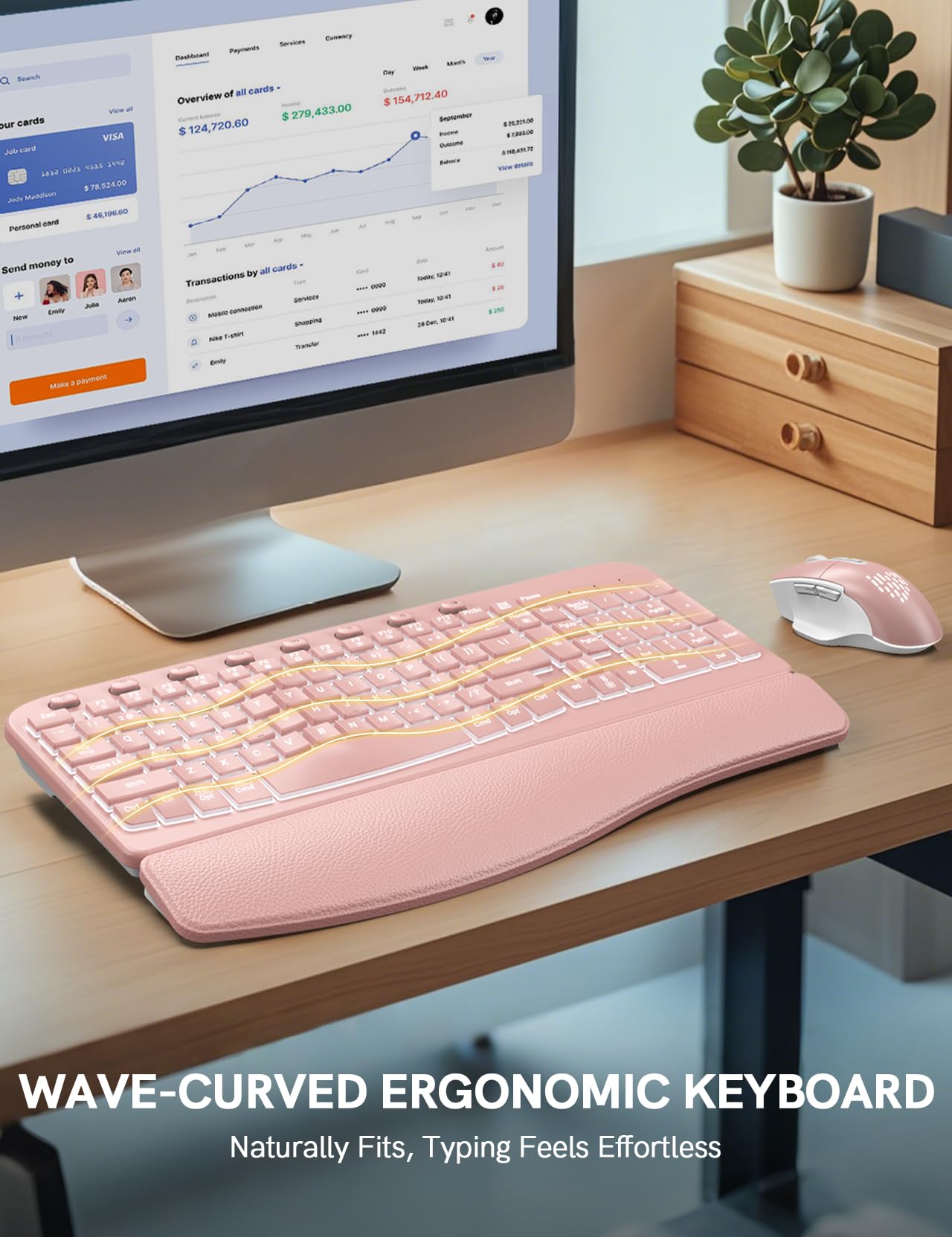 SABLUTE Wireless Keyboard and Mouse Combo Ergonomic - MA12Pro Wave Keyboard with Leather Wrist Rest for Comfortable Typing, RGB Backlit Rechargeable for Windows, Mac, PC, Laptop (Pink)