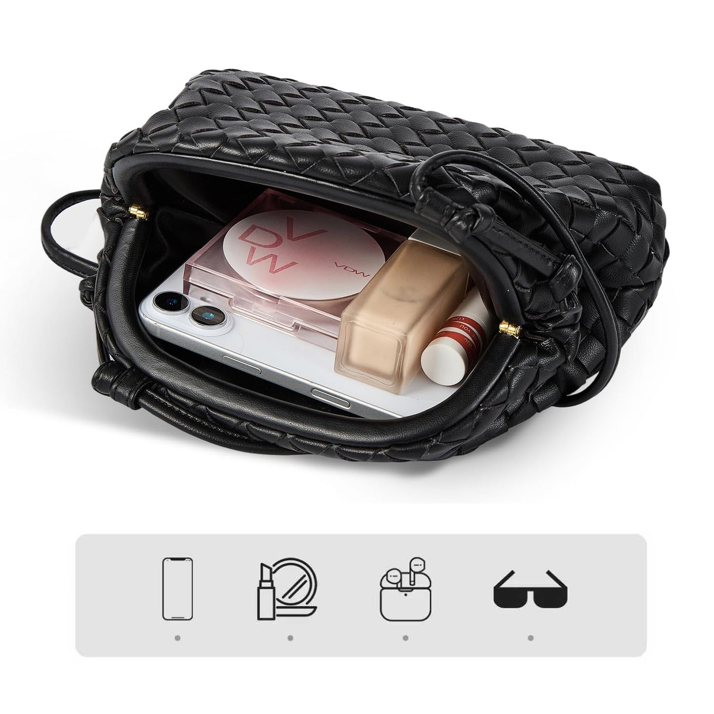 Huralona Dressy Pleated Vegan Leather Clutch Purse Woven Soft Cloud Dumpling Clutch Bag for Women PU Evening Purse Handbag (Black)
