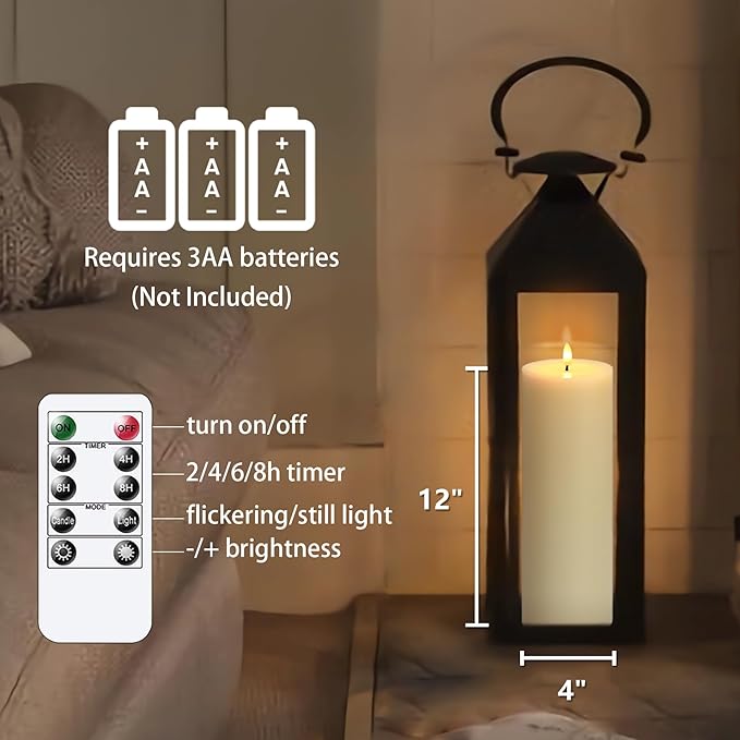 4" x12" Flameless Flickering Remote Ivory Candles with Candle Grease and Timer, LED Battery Operated Fake Real Wax 3D-Wick Pillar Candles, Pack of 1