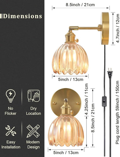 Plug in and Hardwired Wall Sconces, Luxury Vintage Tulip Crystal Glass Shade Wall Light with Switch for Bedside Bedroom Living Room (Tulip-Amber, 2)