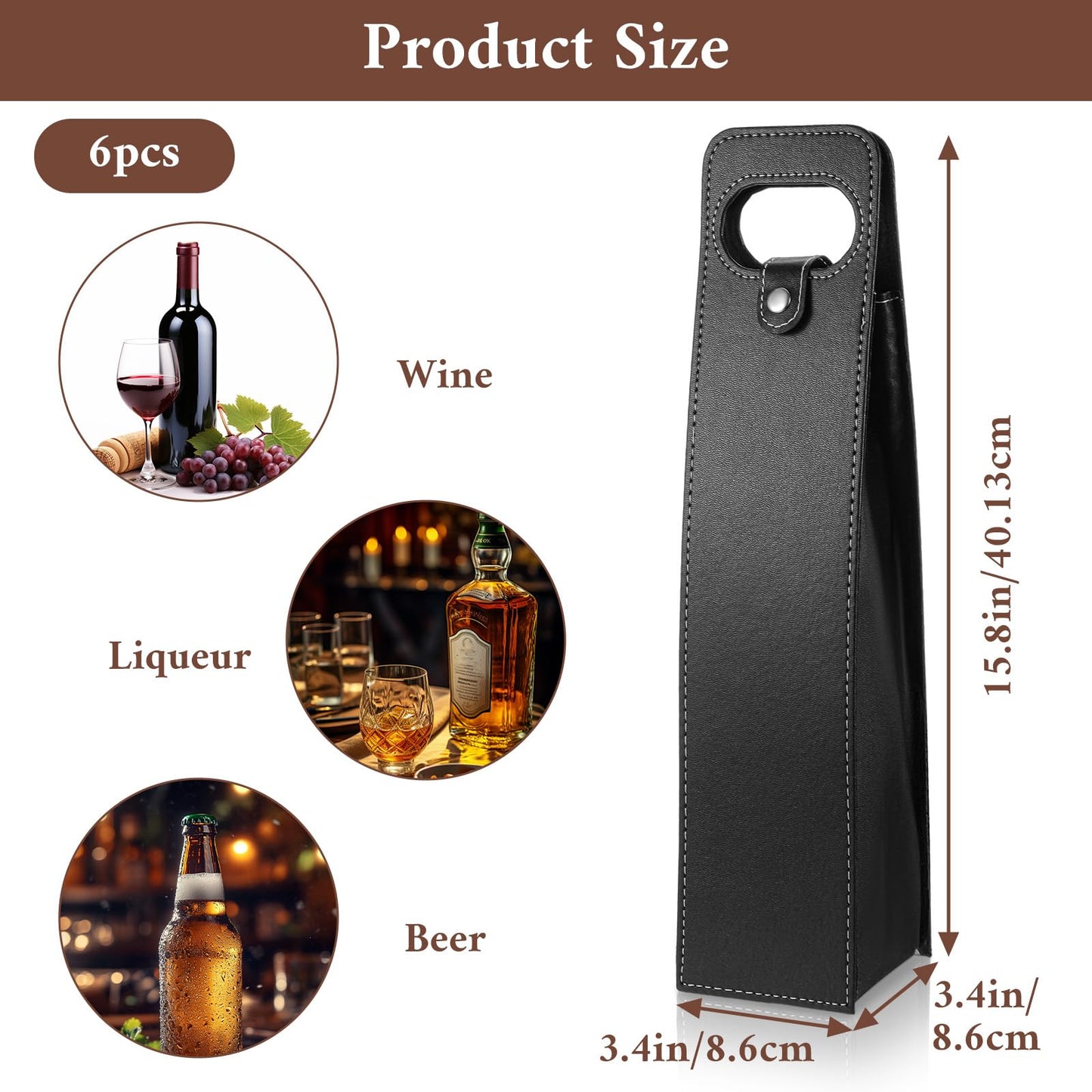 6 Pcs PU Leather Wine Bag, Reusable Single Leather Wine Bottle Carrier Case Holder for Champagne Beer Gift Presentation on Wedding Birthday Christmas(Black)
