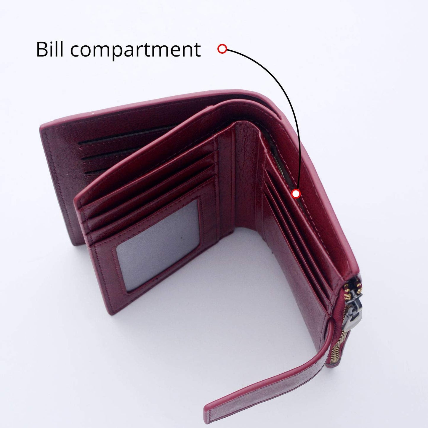 Bveyzi Women's Small Leather RFID Blocking Bifold Zipper Pocket Wallet Ladies Credit Card Slots Purse with id Window(Wine Red)
