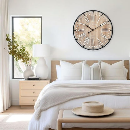 20 Inch Large Farmhouse Wall Clock, Rustic Antique Wood with Metal Circle and Large Engraved Numerals, Silent Battery Operated Wall Clock for Office Kitchen Bedroom Living Room