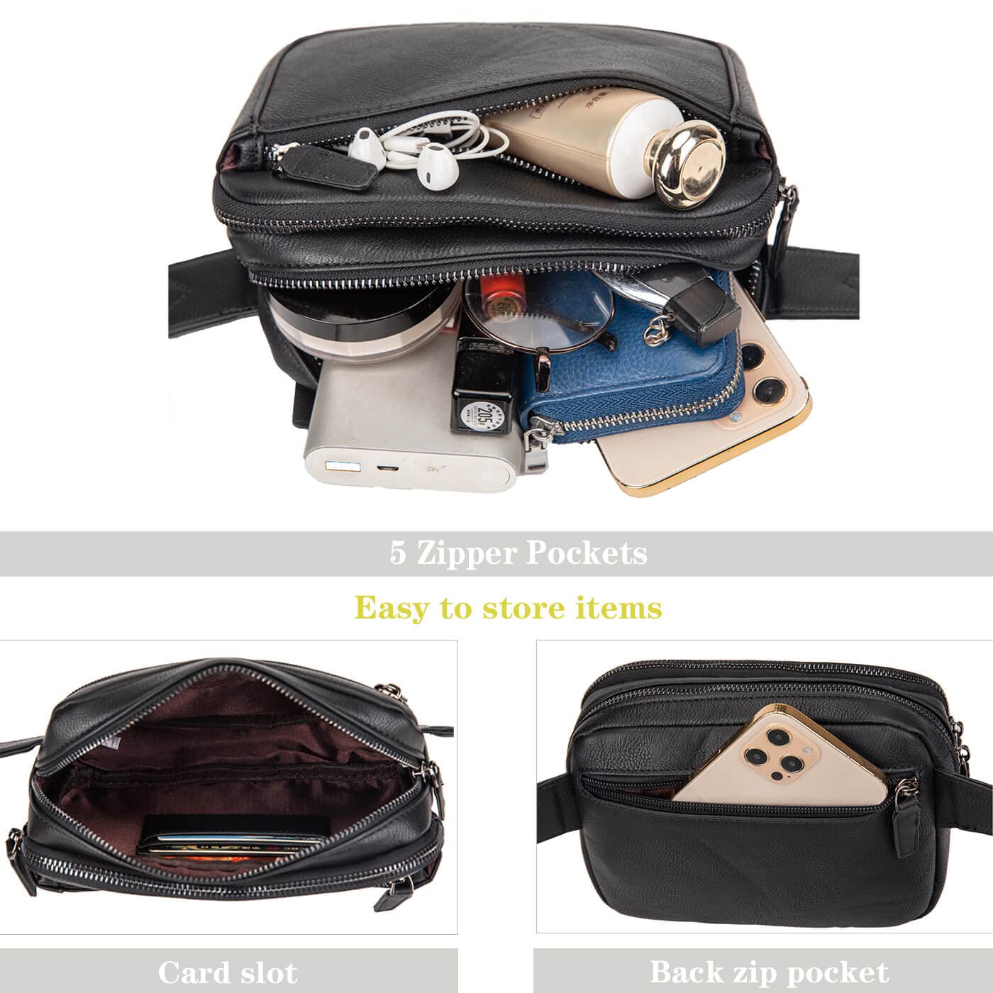 Fanny Packs for Women, Leather Vegan Belt Bag Crossbody Waist Bag Adjustable Strap, Large Fashion Everywhere Belt Bag, Black
