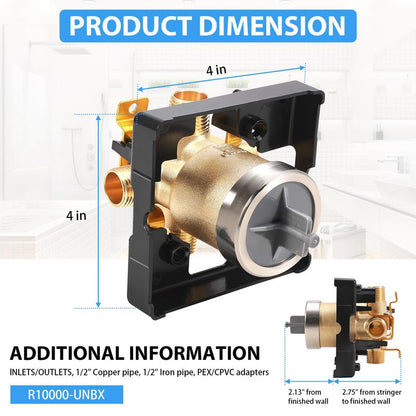 R10000-UNBX MultiChoice Universal Shower Valve Body, Rough-in Tub and Shower Valve Compatible with Delta 13/14, 17, 17T Series Trim Kits, 1/2-Inch Universal Inlets for PEX, Copper, CPVC
