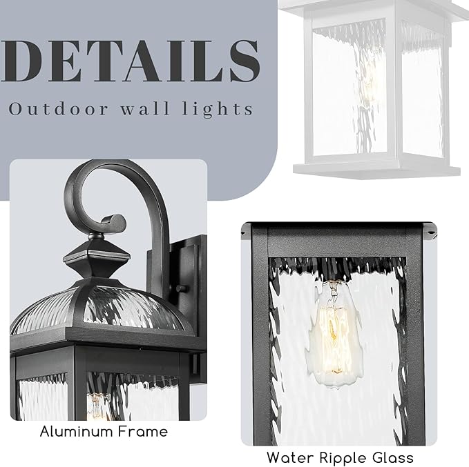 Outdoor Porch Lights Wall Mount Matte Black Outdoor Wall Lamps with Water Ripple Glass 15 Inch Large Aluminum Exterior Lighting Fixtures for Garage Front Door E26 Socket