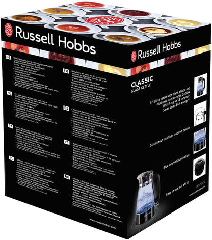Russell Hobbs Kettle Glass [1.7 L, 2400 W, Optimised Design Spout Made of Glass, LED Lighting] Classic Design (Quick Boil Function, Removable Lid, Limescale Filter, Stainless Steel Base) 26080-70