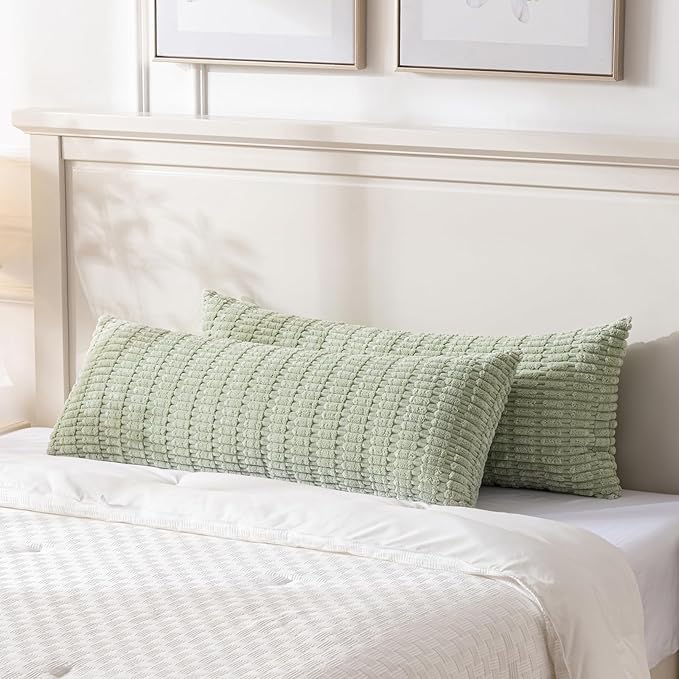 Fancy Homi Sage Green Long Lumbar Decorative Throw Pillow Covers 14x36 Inch for Bed Couch Bedroom, Soft Corduroy Rectangle Solid Cushion Case 35x91 cm, Rustic Farmhouse Boho Room Décor