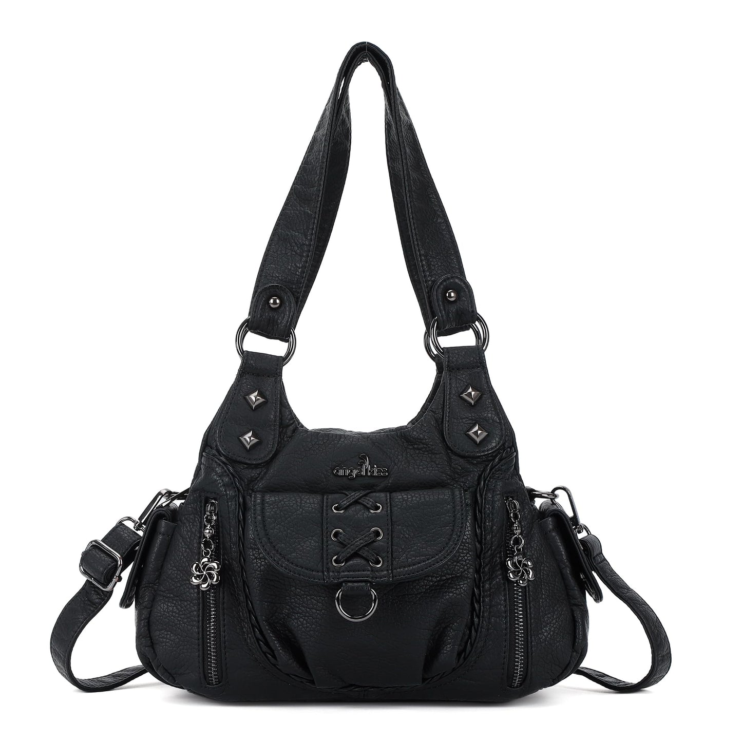 Angel Kiss Small Purses for Women Hobo Shoulder Bags Y2K Vegan Leather Multi-Pocket Handbags Designer Tote Bag with Crossbody Strap,Black
