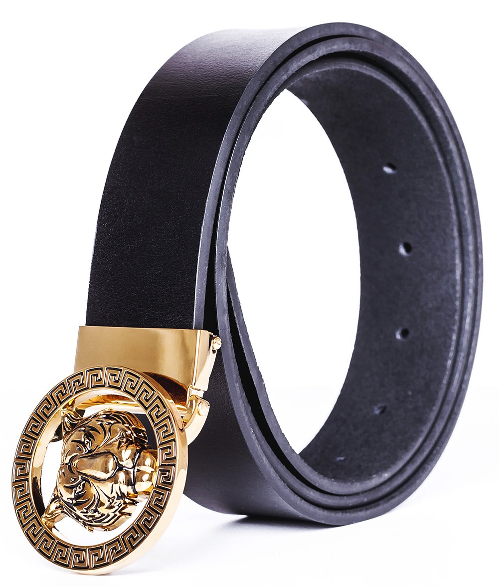 Old John leather Men's Luxury Gold Tiger Buckle 35-mm Italian Leather Belt (105cm/41.3inch(34-36), Black)