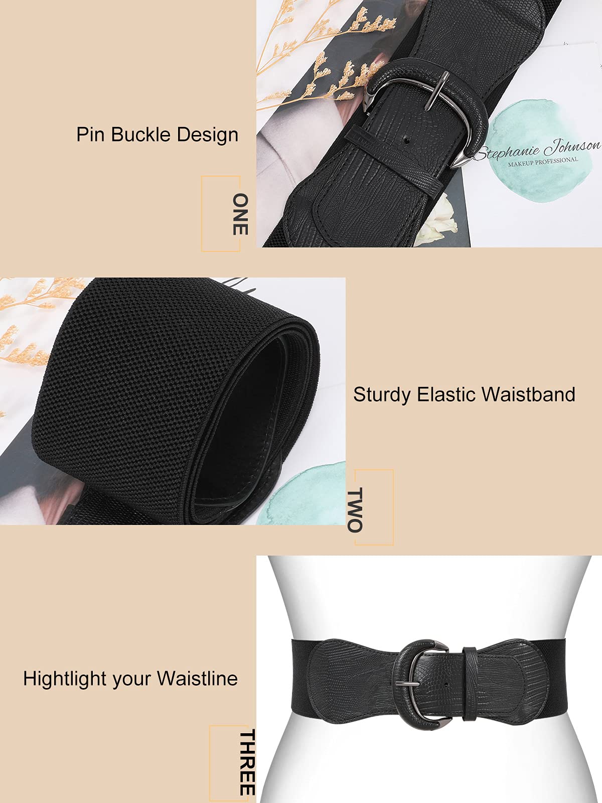 WHIPPY 3 Pack Women Wide Elastic Waist Belt Vintage Stretchy Belt Waistband for Ladies Dresses, Black/Brown/Beige, M