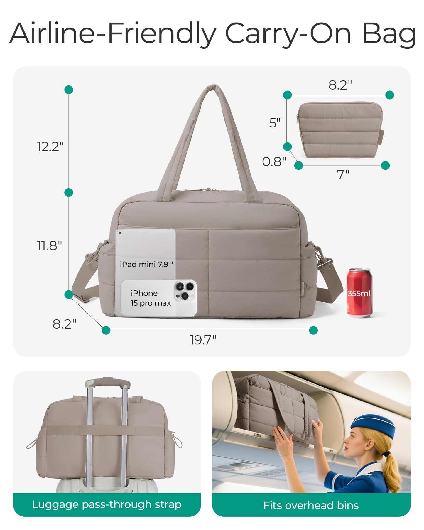 BAGSMART Gym Bag for Women, Lightweight Puffer Duffle Bag 2-PC Travel Bag, 31L Weekender Overnight Bag Quilted Carry On Tote Bag, Diaper Hospital Dance bag for Travel, Gym, Water Resistant, Camel