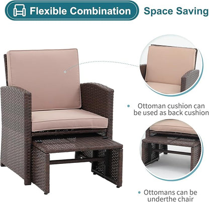 OC Orange-Casual 5 Pcs Patio Conversation Set Balcony Furniture Set with Cushions, Brown Wicker Chair with Ottoman, Storage Table for Backyard, Garden, Porch, Beige