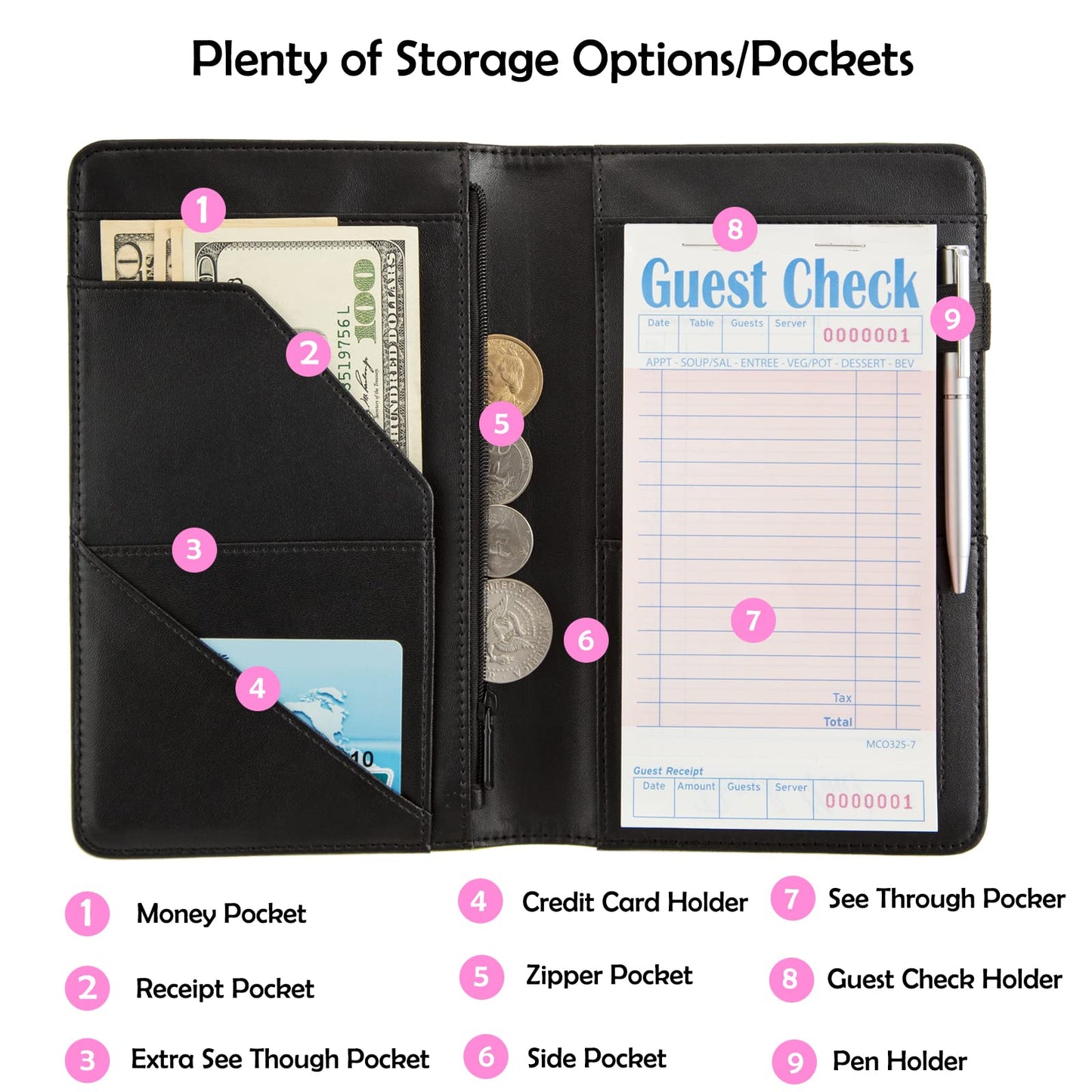 Server Books for Waitress,with Zipper Pocket Waitress Book Leather Booklet Waiter Money Organizer Wallet,Restaurant Guest Cash Check Bill Receipt Holder,Fit Server Apron (Bald eagle)
