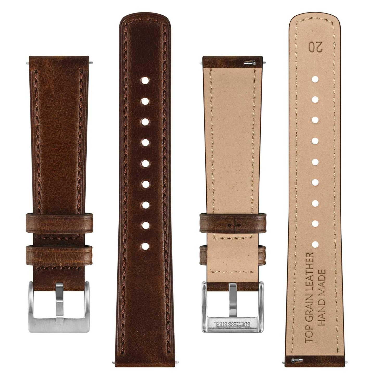 BISONSTRAP Leather Watch Straps, Classic Oil Waxed Leather, Quick Release Replacement Band for Men and Women, 20mm, Coffee Brown/Silver Buckle