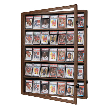 VERANI Baseball Display Case - 35 Graded Sports Card Frame - Holds Cards With UV Protection Clear View Lockable Wall Cabinet for Football Basketball Hockey Trading, Walnut