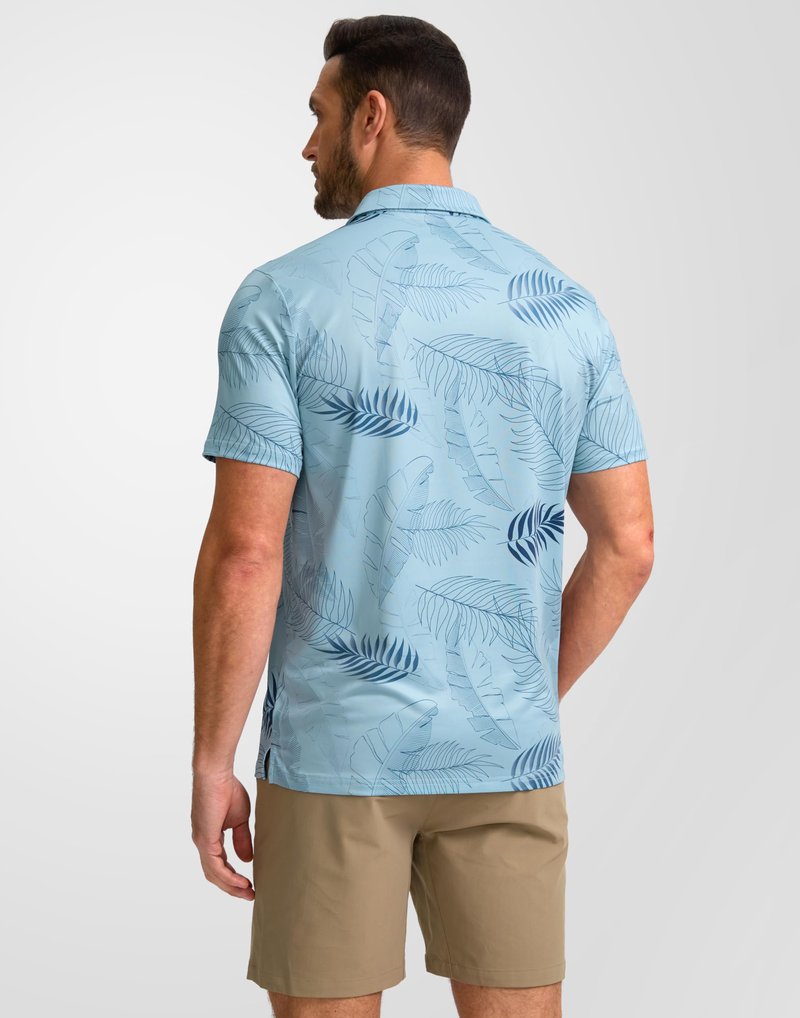 Obla Mens Golf Polo Shirts Short Sleeve Dry Fit Performance Moisture Wicking Casual Print Collared Golf Shirts for Men (Blue Palm Leaves) L