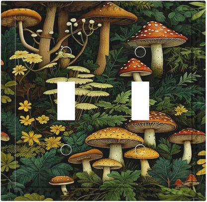 Mushrooms Forest Nature Botanical Art Light Switch Covers Double Toggle 2 Gang Wall Plate Dual Decorative Switchplate Electrical Faceplate for Farmhouse Living Room Decor