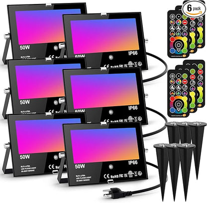 LED Flood Light Outdoor 500W Equivalent Color Changing Landscape Lighting, Timing+120 Colors Strobe+2700K Warm White+DIY Flash,IP66 Waterproof Up Stage RGB Led Light Indoor US 3Plug 6Pack with Stake