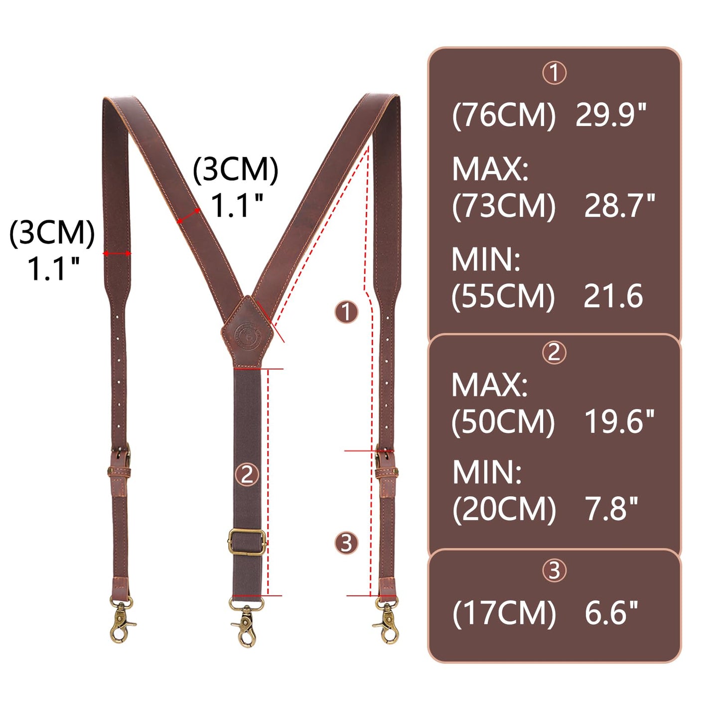 Tourbon Genuine Leather Suspenders for Men Heavy Duty Y Back Design Adjustable Straps with 3 Metal Snap Hooks, Brown