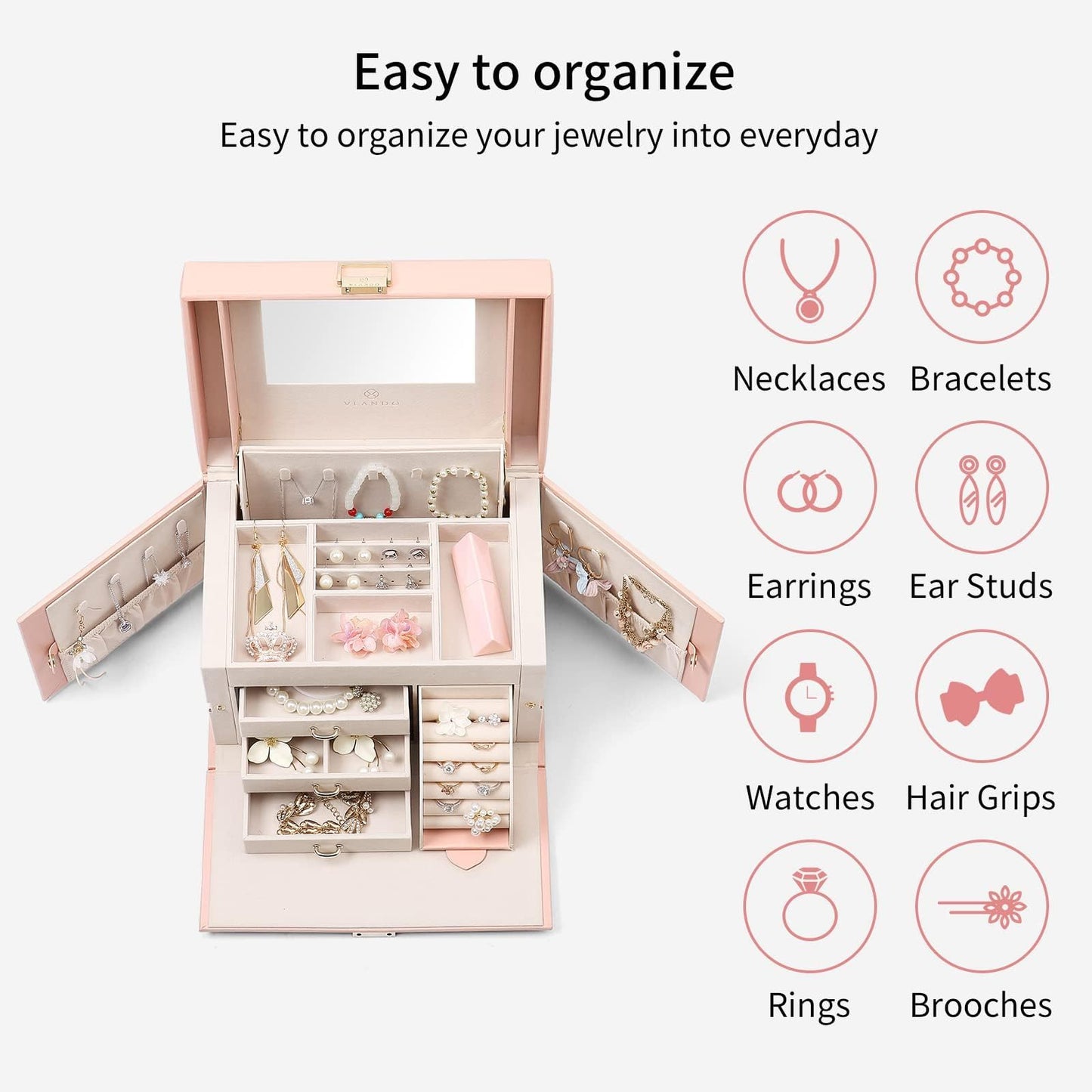 VLANDO Jewelry Box Organizer for Girls Women, Large Baroque Jewelry Holder Organizer with Mirror, 3 Drawers for Bracelets, Earrings, Rings, Necklaces, Mothers Day for Loved One, Pink