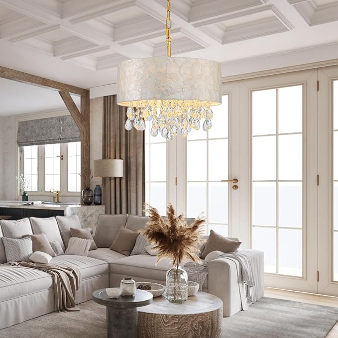 4-Lights Drum Capiz Shell Crystal Chandeliers, Coastal Style Pendant Light Fixture for Dining Room, Living Room, D16 x 20~67"(Adjustable), Shell Lampshade & Gold Finish