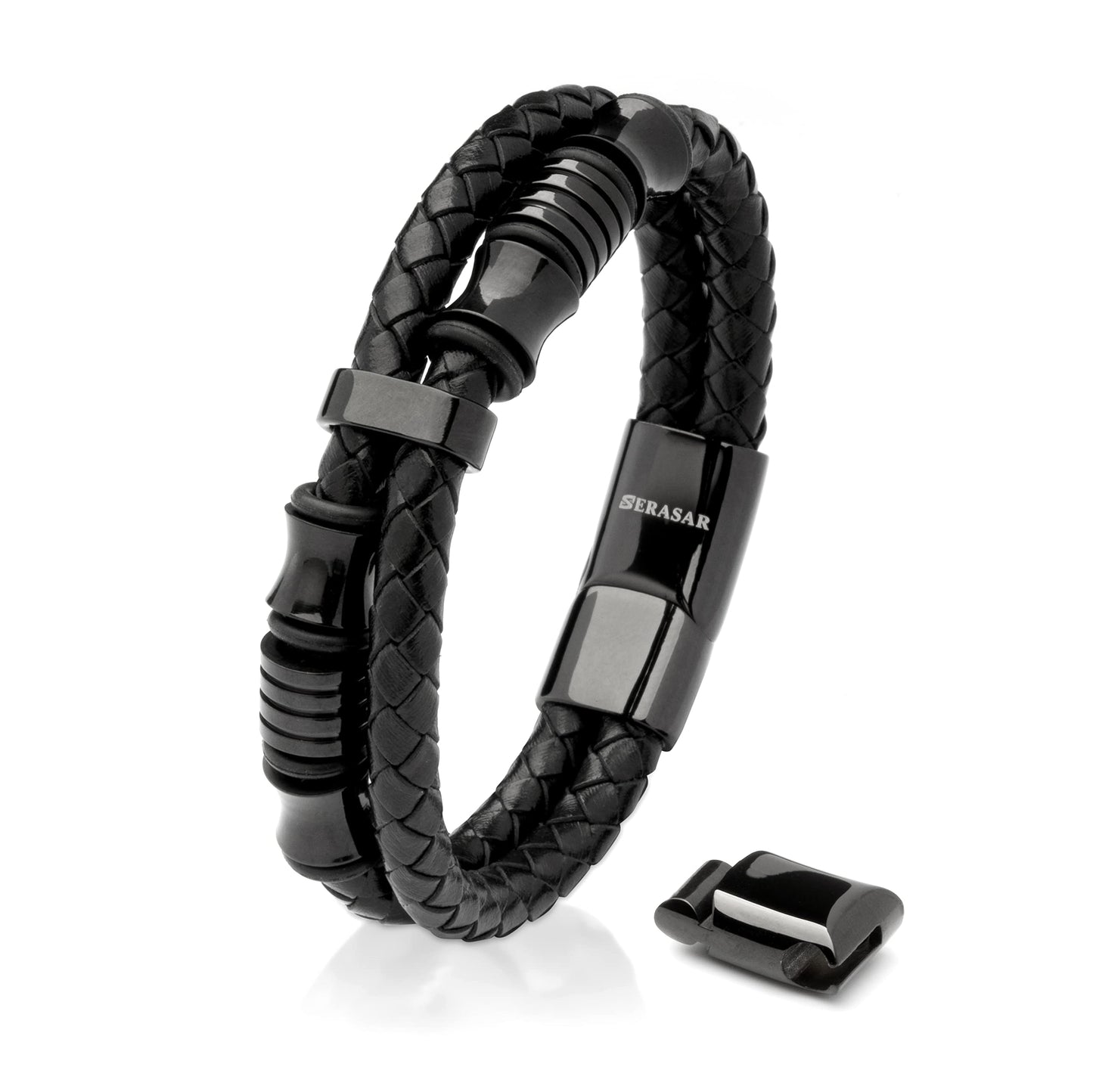 SERASAR 8″ Black Leather Bracelets for Men Mens Cowhide Gift Box Braided Bracelet Stainless Steel Jewelry Wrist Band Cuff Wrap Rope Bangle Dad Man Pulseras para Hombres Cuero Regalo