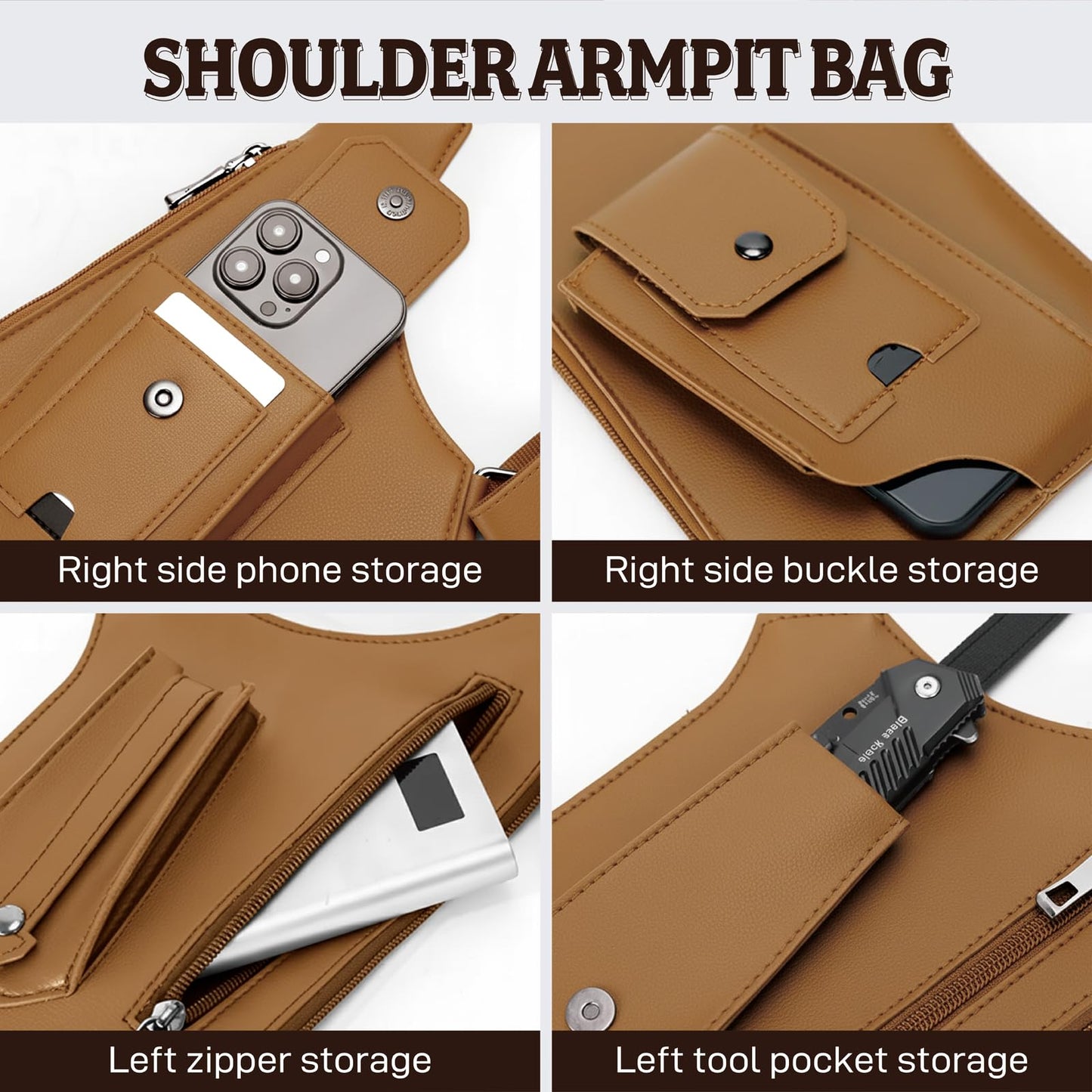 Double Shoulder Armpit Bag,Underarm Shoulder Bag for Men, Anti-Theft Underarm Wallet Pocket Holster Phone Leisure Double Shoulder Pouch,Multi-Purpose Armpit Tactical Bag,Travel Outdoors Easter (Brown)