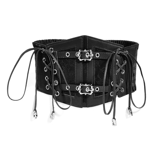 Tosmifairy Vintage Faux Leather Corset Belt Sides Lace-up Medieval Renaissance Underbust Wide Elastic Waist Belts for Women (Black, Fit Waist 26-29")