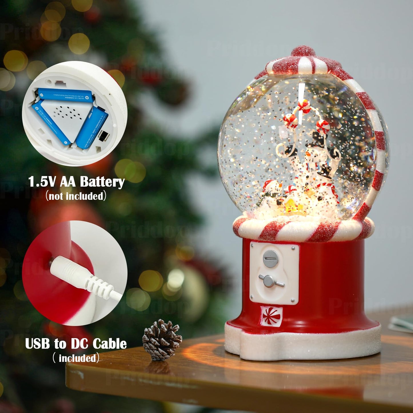 Priddop Snowman Snow Globe Christmas Classic Candy Vending Machine Shape Gifts USB/Battery Musical Glitter Snowfall USB/Battery Timer Christmas Decorations Indoor 7.8 inch