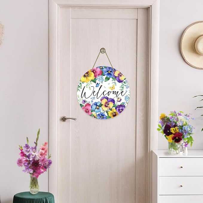 Welcome Spring Summer Floral Flowers Front Door Sign, Pansy Forget Me Not Wood Door Hanger Outdoor Outside Porch Decor, Butterfly Seasonal Wooden Wreath Indoor Wall Hanging Decoration