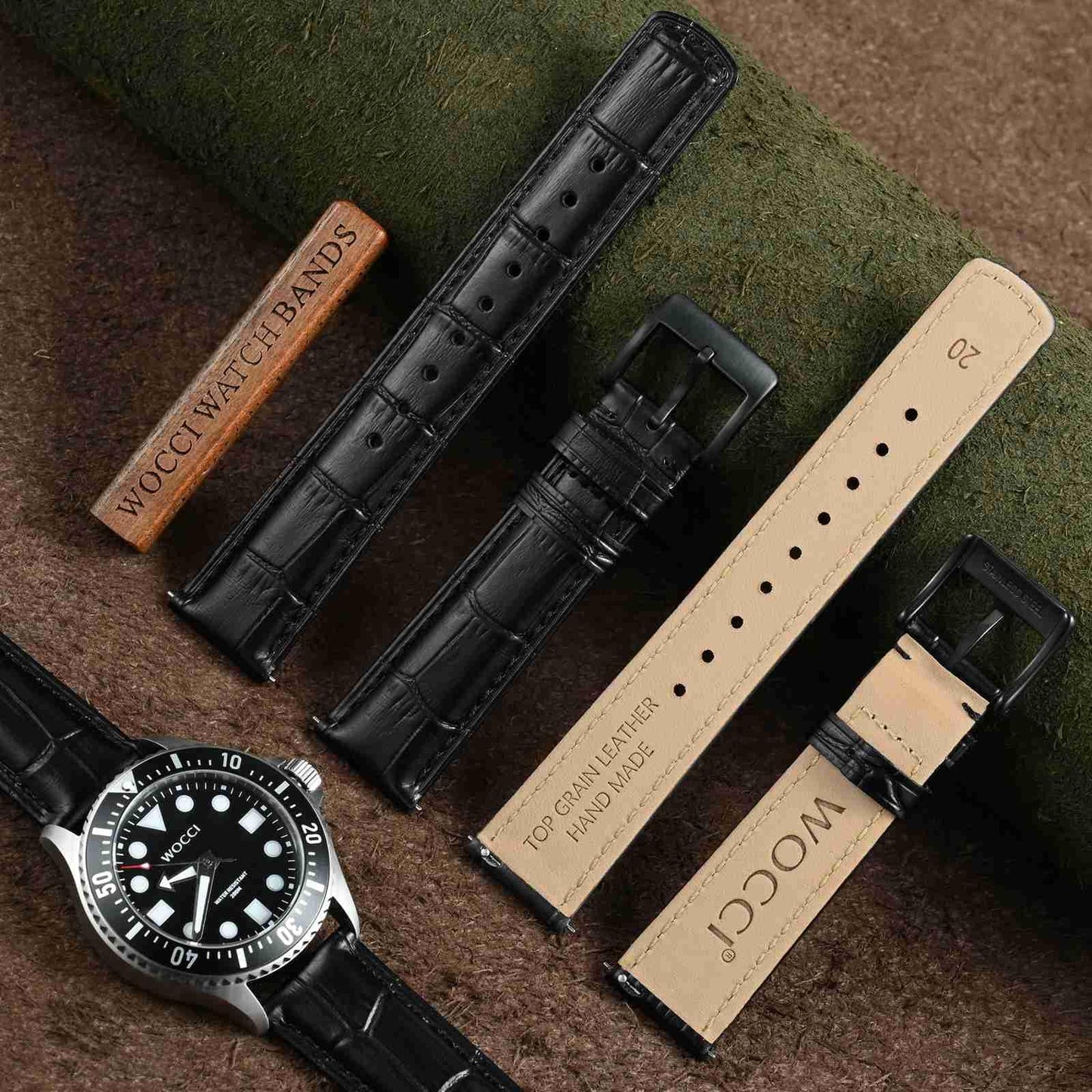 WOCCI 18mm Watch Band, Top Grain Leather, Embossed Alligator Grain, Quick Release, Black Buckle (Black)