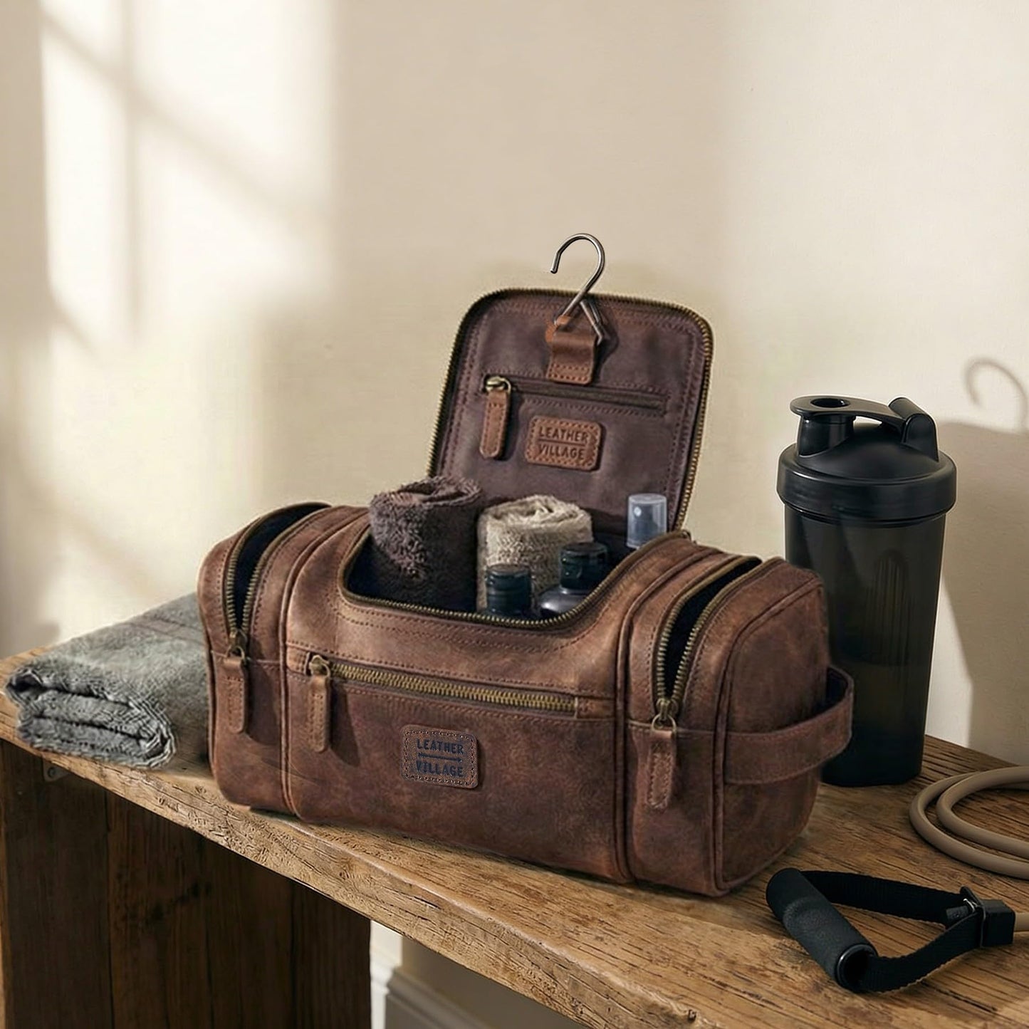 LEATHER VILLAGE Genuine Leather Travel Dopp Kit for Men & Women – Large Capacity Hanging Toiletry Bag with Water-Resistant Lining – Ideal for Travel, Grooming & Gym - Brown