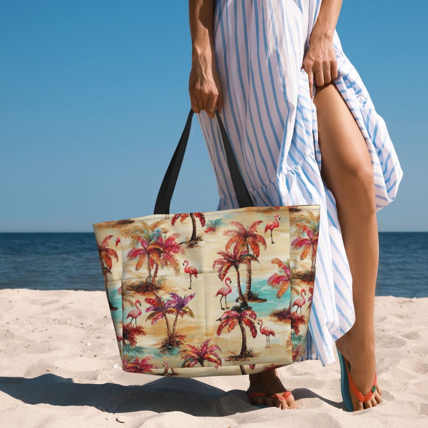 NLZI Beach Bag for Women Plam Tree Print Beach Tote Bag Waterproof Sandproof Large Bags with Zipper Big Capacity for Travel