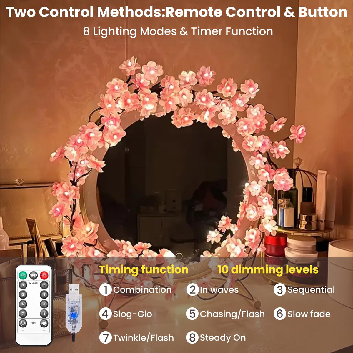 Cherry Blossom Tree Branch Lights for Wall,Cherry Enchanted Willow Vine Lights,with 96 LED and 8 Lighting Modes,Remote Timer,for Bedroom Wall Doors Windows Wedding Christmas Holiday (71inch)