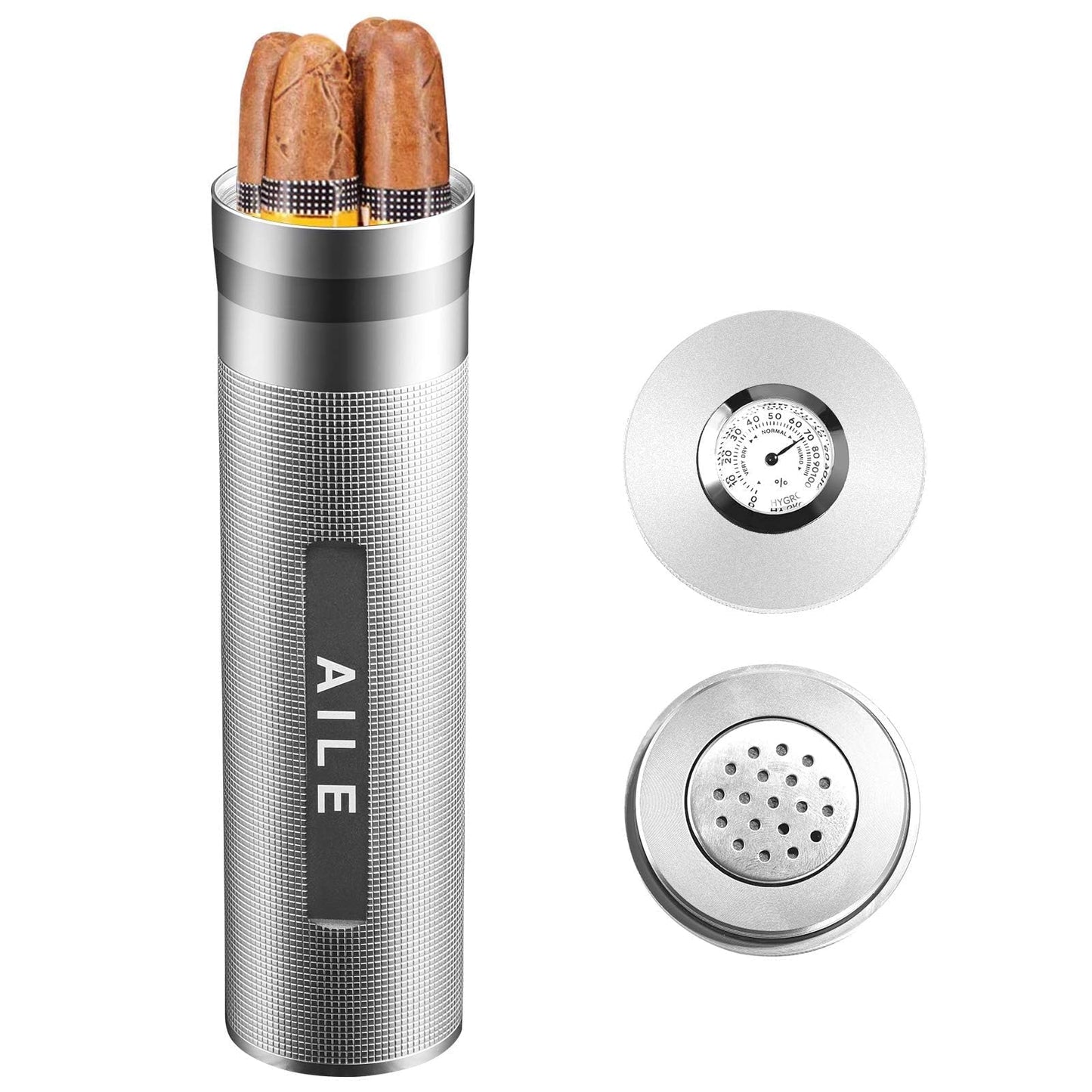 AILE Cigar Stainless Steel humidor Silver Travel Cigar case Tube for 3 to 4 Cigars, Portable Cigar case, Cigar Hygrometer, Great Gift for Men, Dad, Husband